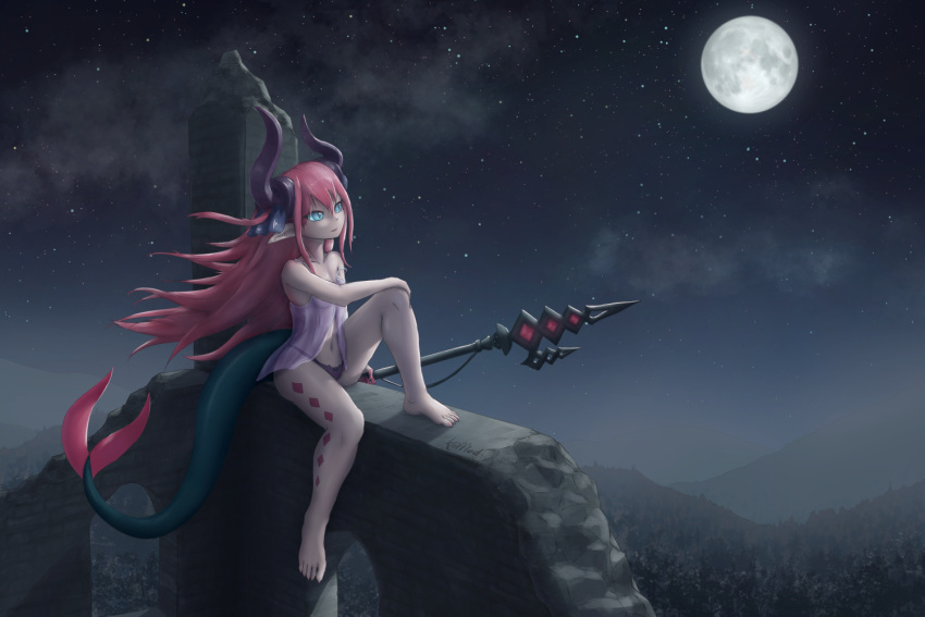 2020 3:2 animal_humanoid blue_eyes blush breasts clothing detailed_background digital_media_(artwork) dragon dragon_humanoid elizabeth_b&aacute;thory_(fate) fate_(series) female hair horn humanoid humanoid_pointy_ears klifflod long_hair melee_weapon monster_girl_(genre) moon night outside pink_hair polearm signature sky solo spear star video_games weapon