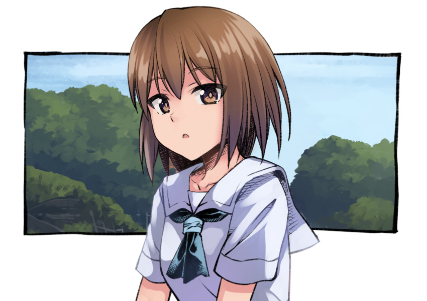 1girl :&lt; bangs bob_cut brown_eyes brown_hair foliage green_neckwear kouno_hikaru looking_at_viewer neckerchief open_mouth original outside_border school_uniform serafuku shirt short_hair sky solo upper_body white_shirt