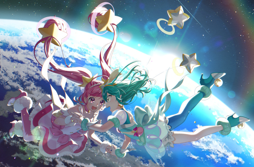 2girls :d absurdres ankle_cuffs antennae aqua_choker aqua_eyes aqua_hair bare_shoulders choker cure_milky cure_star dress earrings earth eyebrows_visible_through_hair face-to-face floating_hair from_side hagoromo_lala hair_ornament hairband high_heels highres holding_hands hoshina_hikaru huge_filesize interlocked_fingers jewelry lens_flare long_hair looking_at_another lower_teeth magical_girl multiple_girls open_mouth orbit pink_dress pink_hair planet planet_hair_ornament pointy_ears precure rainbow see-through_sleeves single_leg_pantyhose smile space sparkle star star_(sky) star_choker star_earrings star_hair_ornament star_in_eye star_twinkle_precure sun symbol_commentary symbol_in_eye upper_teeth very_long_hair wrist_cuffs yellow_earrings yellow_hairband yupiteru zero_gravity