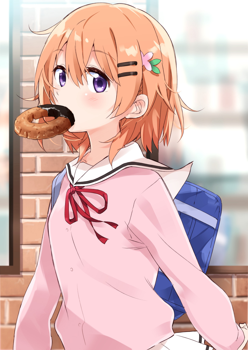 1girl absurdres bag bangs blurry blurry_background blush brick_wall brown_hair cardigan commentary_request day depth_of_field doughnut eyebrows_visible_through_hair food food_in_mouth gochuumon_wa_usagi_desu_ka? hair_between_eyes hair_ornament hairclip highres hoto_cocoa kafuu_chino's_school_uniform looking_at_viewer mousou_(mousou_temporary) neck_ribbon outdoors pink_cardigan pleated_skirt purple_eyes red_ribbon ribbon sailor_collar school_bag school_uniform serafuku skirt solo white_sailor_collar white_skirt window