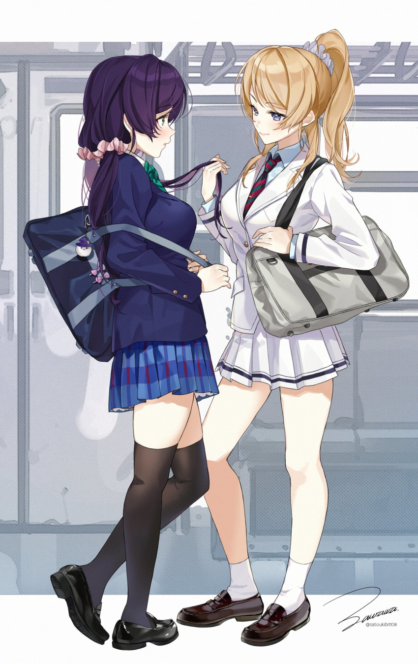 2girls alternate_costume ankle_socks ayase_eli bag black_legwear blazer blonde_hair blue_eyes blue_skirt commentary_request from_side full_body green_eyes green_neckwear highres jacket loafers long_hair love_live! love_live!_school_idol_project low_twintails multiple_girls neckerchief otonokizaka_school_uniform plaid plaid_skirt pleated_skirt ponytail profile purple_hair school_bag school_uniform scrunchie shoes skirt standing striped striped_neckwear thighhighs toujou_nozomi train_interior twintails utx_school_uniform white_scrunchie white_skirt zawawa_(satoukibi1108)