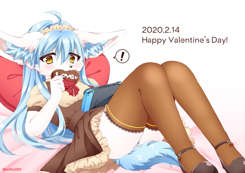! anthro blue_hair blue_inner_ear_fluff blue_tail canid canine clothing dated english_text footwear frilly frilly_clothing hair holding_object holiday_message holidays inner_ear_fluff legwear lying mammal on_back solo speech_bubble text thigh_highs tuft twitter_username valentine's_day wolfox004
