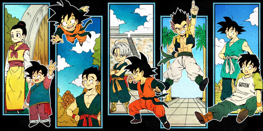 1girl 6+boys :d :o abs age_progression arena arm_support arms_at_sides audience baggy_pants bangs black_background black_eyes black_hair blue_eyes boots brick_wall brothers character_name chi-chi_(dragon_ball) china_dress chinese_clothes clenched_teeth clothes_writing cloud cloudy_sky collarbone crossed_arms day dot_nose dougi dragon_ball dragon_ball_z dress father_and_son fighting_stance fingernails flying forest frown gotenks grey_hair grin hair_bun hand_up hands_on_hips happy highres house index_finger_raised kami's_lookout long_sleeves looking_afar looking_at_another looking_at_viewer looking_to_the_side looking_up metamoran_vest mother_and_son mountain multicolored_hair multiple_boys multiple_persona muscle nature neckerchief open_mouth orange_footwear outdoors outside_border palm_tree pants pectorals profile purple_hair purple_neckwear rock shirt short_sleeves siblings simple_background sitting sky smile son_gohan son_gokuu son_goten spiked_hair stairs standing streaked_hair teeth toritoki_(trig_tkdb) tree trunks_(dragon_ball) two-tone_hair upper_teeth waistcoat wall waving white_pants wristband yellow_footwear