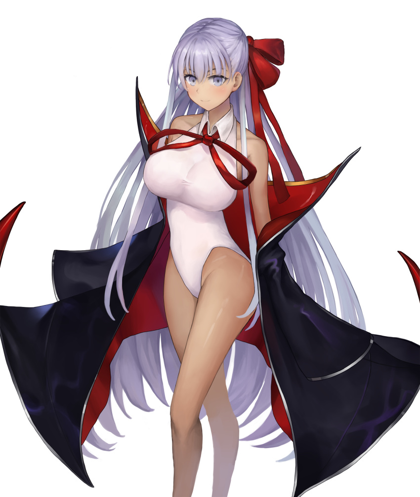 1girl bare_shoulders bb_(fate)_(all) bb_(fate/extra_ccc) bb_(swimsuit_mooncancer)_(fate) black_coat breasts fate/grand_order fate_(series) feet_out_of_frame highleg highleg_leotard highres kkieut large_breasts leotard long_hair looking_at_viewer popped_collar purple_eyes purple_hair red_ribbon ribbon simple_background solo standing tan white_background white_leotard