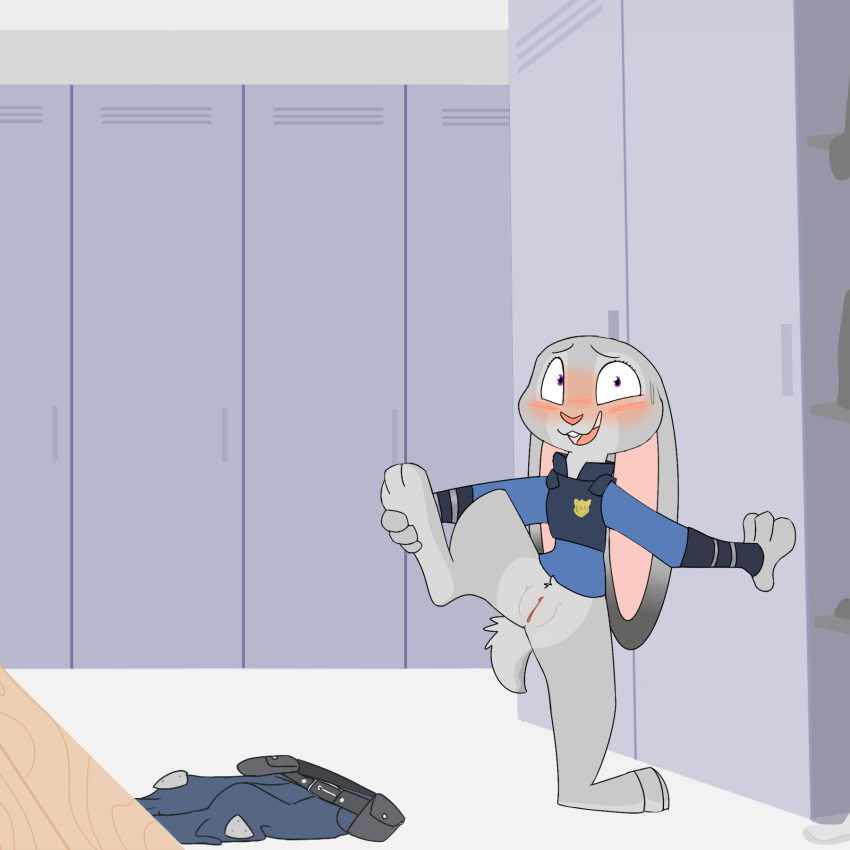 anus aquestionableponyblog blush bottomless clothed clothing discarded_clothing disney embarrassed female judy_hopps lagomorph locker_room mammal police_uniform pussy rabbit solo uniform zootopia