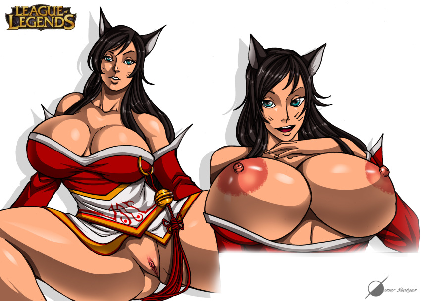 absurd_res ahri_(lol) animal_humanoid big_breasts breasts cleavage clothed clothing felid felid_humanoid feline feline_humanoid female genitals hi_res huge_breasts humanoid league_of_legends mammal mammal_humanoid nipples no_underwear osmar-shotgun pussy riot_games solo spread_legs spreading video_games