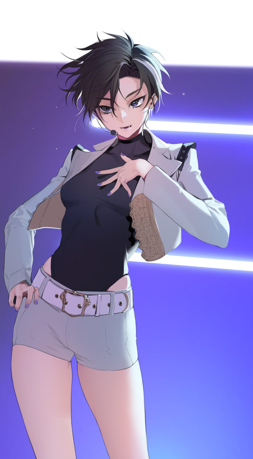 1girl absurdres belt black_hair black_leotard breasts contrapposto cropped_jacket fingernails grey_jacket grey_shorts hair_between_eyes hand_on_hip hand_on_own_chest highres jacket keishi_(shining_star) leotard medium_breasts microphone multicolored_hair music nail_polish ohisashiburi open_clothes open_jacket open_mouth purple_background purple_eyes purple_nails shining_star short_hair shorts singing smile solo standing streaked_hair white_hair