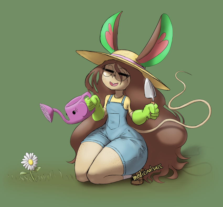 anthro big_ears clothing eyes_closed eyewear female flower gardening glasses hair hat headgear headwear hi_res long_hair mammal medicinal_succ mouse murid murine overalls plant rodent solo thick_thighs watering_can