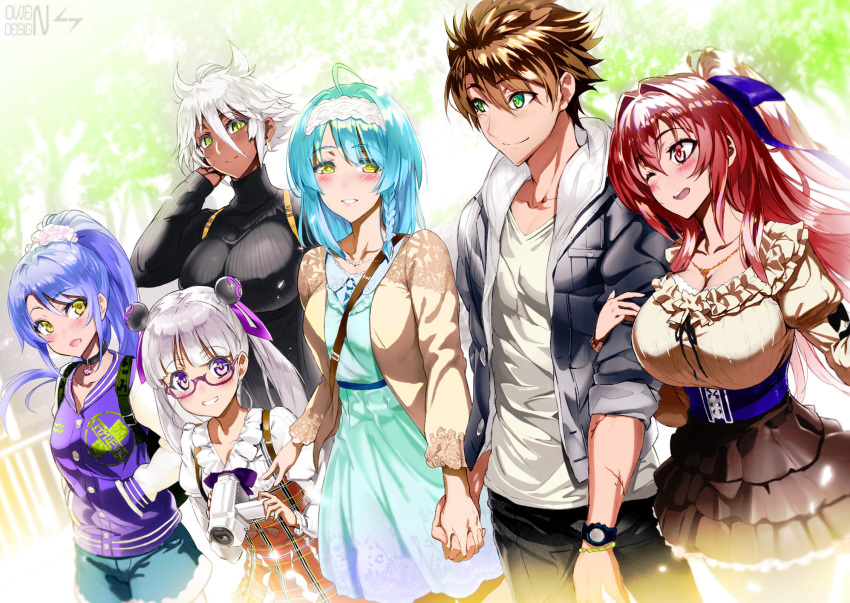 1boy 5girls ;d ahoge arm_grab blush breasts camera casual choker cleavage collaboration colorized corset dress eyebrows_visible_through_hair floating_hair girl_sandwich glasses greyscale hair_between_eyes hair_ornament hair_scrunchie hairband hand_in_hair hands_in_pockets head_tilt high_ponytail highres holding holding_camera holding_hands huge_breasts interlocked_fingers jacket jewelry layered_skirt letterman_jacket long_hair miniskirt monochrome multiple_girls naruse_maria naruse_mio necklace nonaka_kurumi nonaka_yuki one_eye_closed ookuma_(nitroplus) open_clothes open_jacket open_mouth owendss98 pants sandwiched scrunchie shinmai_maou_no_testament short_dress short_hair skirt smile spiked_hair standing sundress sweater toujou_basara turtleneck turtleneck_sweater very_long_hair watch wristwatch zest