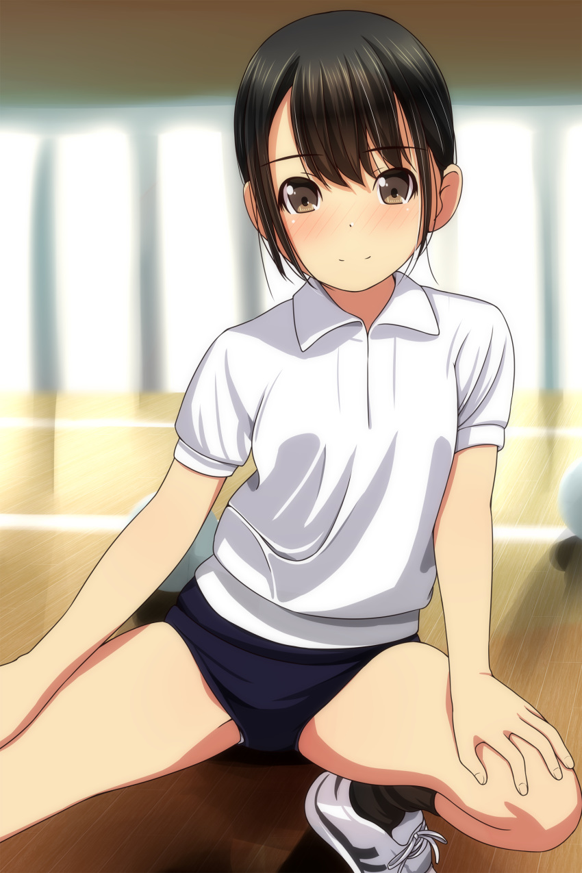 1girl absurdres ball bangs black_buruma black_hair blurry blurry_background blush brown_eyes buruma closed_mouth collared_shirt day depth_of_field eyebrows_visible_through_hair highres indoors matsunaga_kouyou nose_blush panties panties_under_buruma shirt short_sleeves smile solo stretch sunlight underwear white_panties white_shirt window