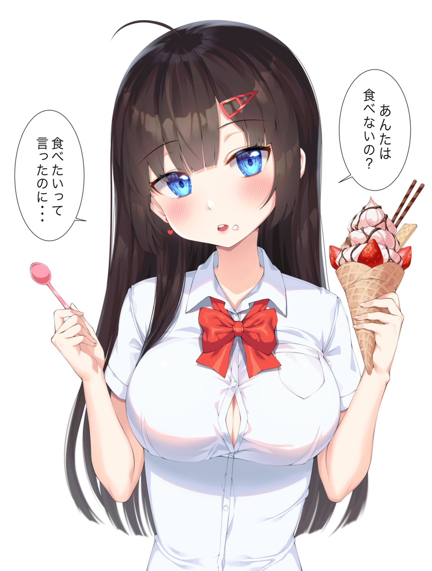 1girl ahoge black_hair blue_eyes blush breast_pocket breasts bursting_breasts buttons collared_shirt dessert earrings eyebrows_visible_through_hair food food_on_face fruit hair_ornament hairclip head_tilt heart heart_earrings highres holding holding_food holding_spoon ice_cream ice_cream_cone ice_cream_on_face jewelry large_breasts long_hair looking_at_viewer original parted_lips pocket red_ribbon ribbon shirt short_sleeves solo spoon strawberry teeth translation_request upper_body white_background white_shirt white_sleeves xiho_(suna)