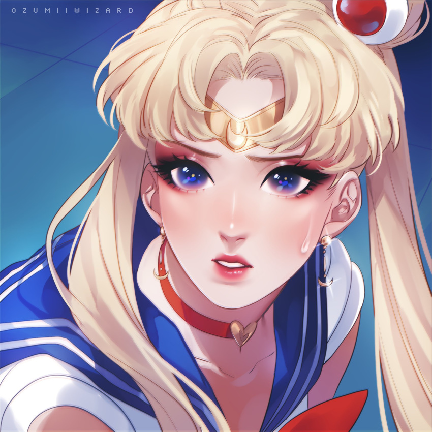 1girl artist_name bangs bishoujo_senshi_sailor_moon blonde_hair blue_eyes blue_sailor_collar bow bowtie choker crescent crescent_earrings derivative_work earrings from_side glint hair_ornament heart heart_choker highres jewelry ozumii parted_bangs parted_lips red_choker red_neckwear sailor_collar sailor_moon sailor_moon_redraw_challenge school_uniform screencap_redraw serafuku solo sweatdrop tiara twintails upper_body