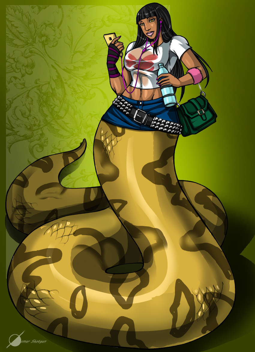 absurd_res big_breasts bottle bottomwear bra breasts cellphone clothed clothing female hi_res lamia osmar-shotgun phone purse reptile scalie serpentine skirt snake solo underwear wet wet_clothing wide_hips