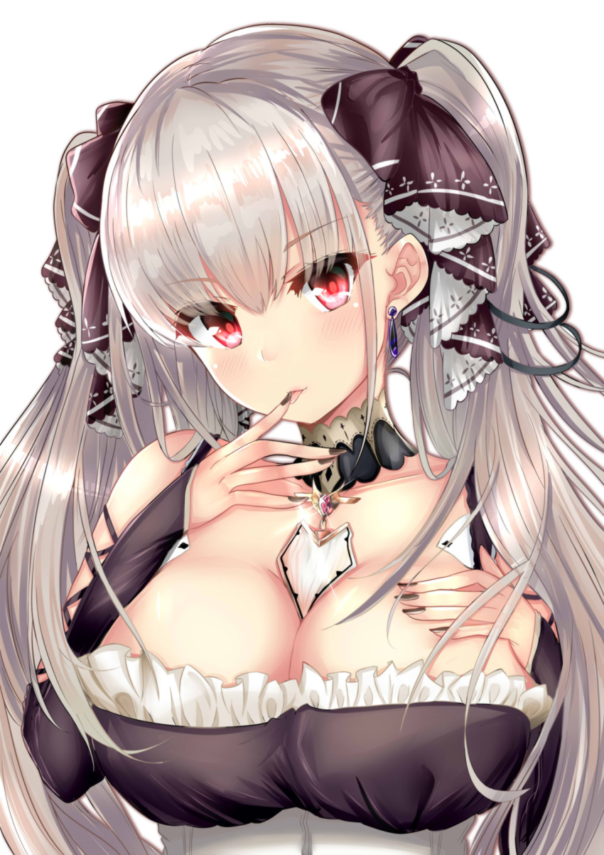 1girl arm_up azur_lane bare_shoulders black_dress blush breasts cleavage dress earrings eyebrows_visible_through_hair fire_maxs formidable_(azur_lane) frilled_dress frills hair_between_eyes hair_ribbon highres jewelry large_breasts long_hair long_sleeves looking_at_viewer neckwear_between_breasts red_eyes ribbon silver_hair simple_background solo tongue tongue_out twintails two-tone_dress two-tone_ribbon very_long_hair white_background