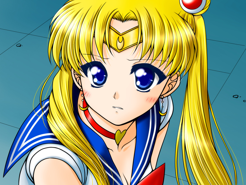 akanako bangs bishoujo_senshi_sailor_moon blonde_hair blue_eyes blue_sailor_collar bow breasts choker cleavage collarbone commentary_request crescent crescent_earrings derivative_work earrings eyebrows_visible_through_hair heart heart_choker highres jewelry long_hair parted_bangs parted_lips red_bow red_choker sailor_collar sailor_moon sailor_moon_redraw_challenge sailor_senshi_uniform screencap_redraw shirt sleeveless sleeveless_shirt small_breasts tsukino_usagi twintails upper_body white_shirt