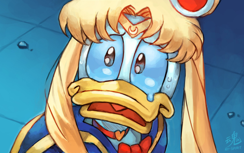 bird bishoujo_senshi_sailor_moon black_eyes blonde_hair blue_background blue_neckwear blue_sailor_collar bow bowtie choker commentary cosplay diadem disney donald_duck duck english_commentary highres looking_at_viewer open_mouth parody red_choker ry-spirit sailor_collar sailor_moon sailor_moon_(cosplay) sailor_moon_redraw_challenge school_uniform serafuku signature solo sweatdrop tears twintails