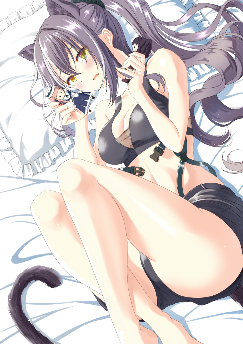1girl animal_ears arknights bangs bare_arms bare_legs bare_shoulders barefoot bed_sheet black_shorts blush breasts cat_ears cat_tail ceylon_(arknights) character_doll cleavage commentary_request crop_top hands_up highres kagura_hiromu long_hair long_ponytail looking_at_viewer lying medium_breasts midriff open_mouth pillow ponytail schwarz_(arknights) short_shorts shorts sidelocks silver_hair sleeveless solo stomach tail thighs yellow_eyes