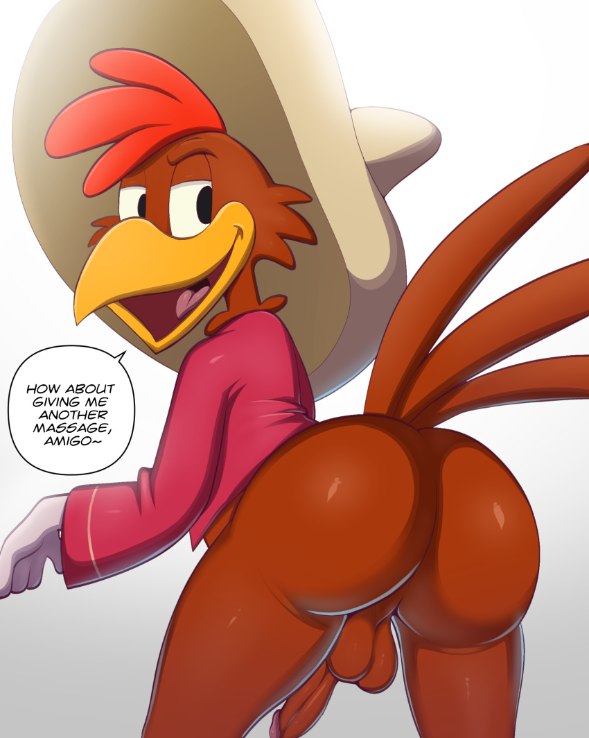 absurd_res anthro avian balls beak big_butt bird bottomless butt butt_focus chicken clothed clothing dialogue disney english_text erection galliform gallus_(genus) genitals hat headgear headwear hi_res inviting jerseydevil looking_back male open_mouth panchito_pistoles penis phasianid solo sombrero speech_bubble talking_to_viewer text the_three_caballeros tongue