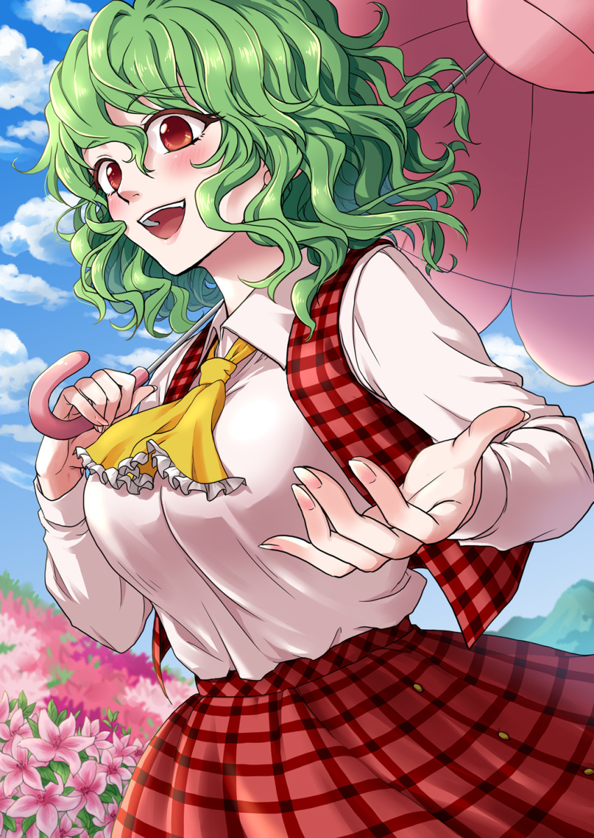 1girl :d ascot blush breasts cloud cloudy_sky collar eyebrows_visible_through_hair field flower flower_field green_hair highres holding holding_umbrella kazami_yuuka large_breasts medium_hair mokku open_mouth outstretched_hand parasol plaid plaid_skirt plaid_vest reaching_out red_eyes shirt short_hair skirt sky smile solo touhou umbrella upper_body vest wavy_hair white_collar white_shirt yellow_neckwear