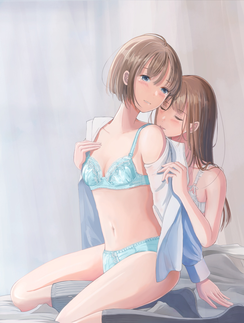 2girls bangs blue_bra blue_eyes blue_panties blush bra breasts brown_hair cleavage closed_eyes eyebrows_visible_through_hair grey_legwear highres kataguchi_iwashi kneehighs long_hair multiple_girls navel on_bed open_clothes open_shirt original panties shirt short_hair shoulder_kiss sitting small_breasts unbuttoned unbuttoned_shirt underwear undressing undressing_another white_bra white_shirt yokozuwari yuri