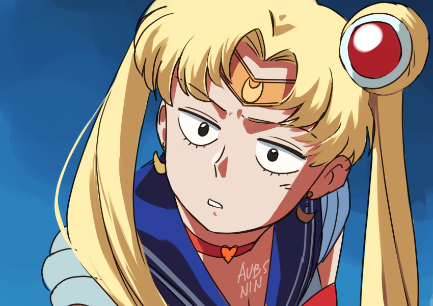 1girl absurdres aubs bangs bishoujo_senshi_sailor_moon blonde_hair blue_eyes blue_sailor_collar bow bowtie breasts choker cleavage crescent crescent_earrings derivative_work earrings from_side hair_ornament heart heart_choker highres jewelry jitome mob_psycho_100 one_(style) parody parted_bangs parted_lips red_choker red_neckwear sailor_collar sailor_moon sailor_moon_redraw_challenge school_uniform screencap_redraw serafuku signature solo style_parody sweatdrop tiara tsukino_usagi twintails upper_body