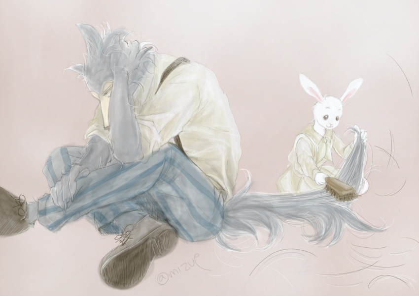 2020 anthro beastars brushing_tail canid canine canis clothed clothing duo fully_clothed fur grey_body grey_fur haru_(beastars) lagomorph legoshi_(beastars) leporid mammal mizue personal_grooming rabbit simple_background sitting social_grooming white_body white_fur wolf