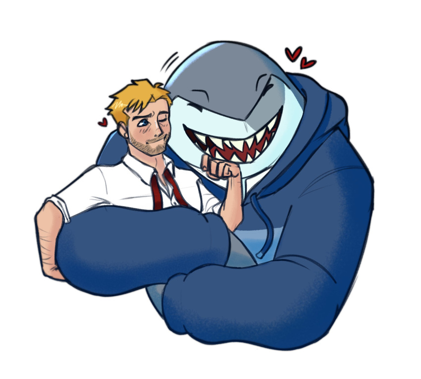 &lt;3 2020 5_fingers anthro blonde_hair blue_eyes clothed clothing dc_comics duo eyes_closed fingers fish hair hi_res hoodie human humanoid_hands john_constantine king_shark male male/male mammal marine moonboonlafayette one_eye_closed shark simple_background topwear white_background