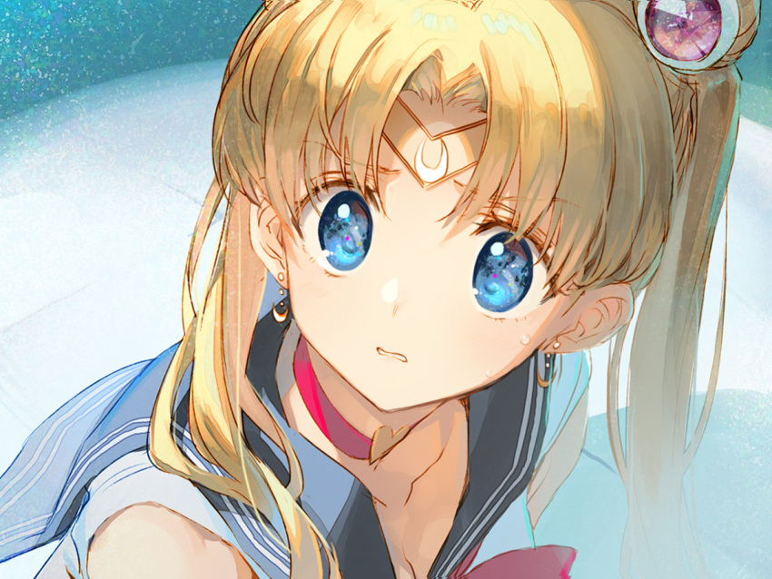 1girl bishoujo_senshi_sailor_moon blonde_hair blue_sailor_collar breasts choker cleavage collarbone crescent crescent_earrings diadem earrings hair_bun heart heart_choker jewelry long_hair red_choker sailor_collar sailor_moon sailor_moon_redraw_challenge sailor_senshi sailor_senshi_uniform tatami_to_hinoki tsukino_usagi twintails upper_body