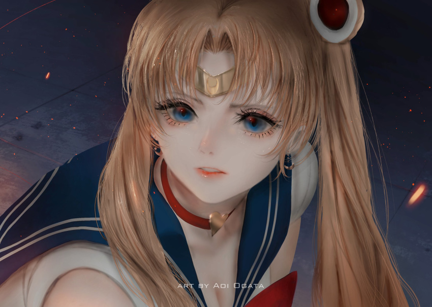 1girl aoi_ogata artist_name bangs bishoujo_senshi_sailor_moon blonde_hair blue_eyes blue_sailor_collar bow choker circlet commentary_request crescent crescent_earrings derivative_work earrings eyebrows_visible_through_hair heart heart_choker highres jewelry long_hair parted_bangs parted_lips red_bow red_choker red_lips sailor_collar sailor_moon sailor_moon_redraw_challenge sailor_senshi_uniform screencap_redraw shirt sleeveless sleeveless_shirt tsukino_usagi twintails upper_body white_shirt