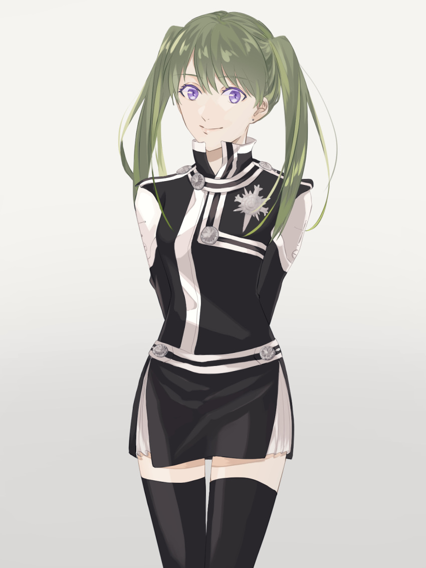 13isaco 1girl arms_behind_back bangs black_legwear closed_mouth d.gray-man earrings eyebrows_visible_through_hair gradient gradient_background green_hair grey_background hair_between_eyes highres jewelry lenalee_lee long_hair looking_at_viewer miniskirt pleated_skirt purple_eyes shiny shiny_hair skirt smile solo standing thigh_gap twintails uniform white_background white_skirt