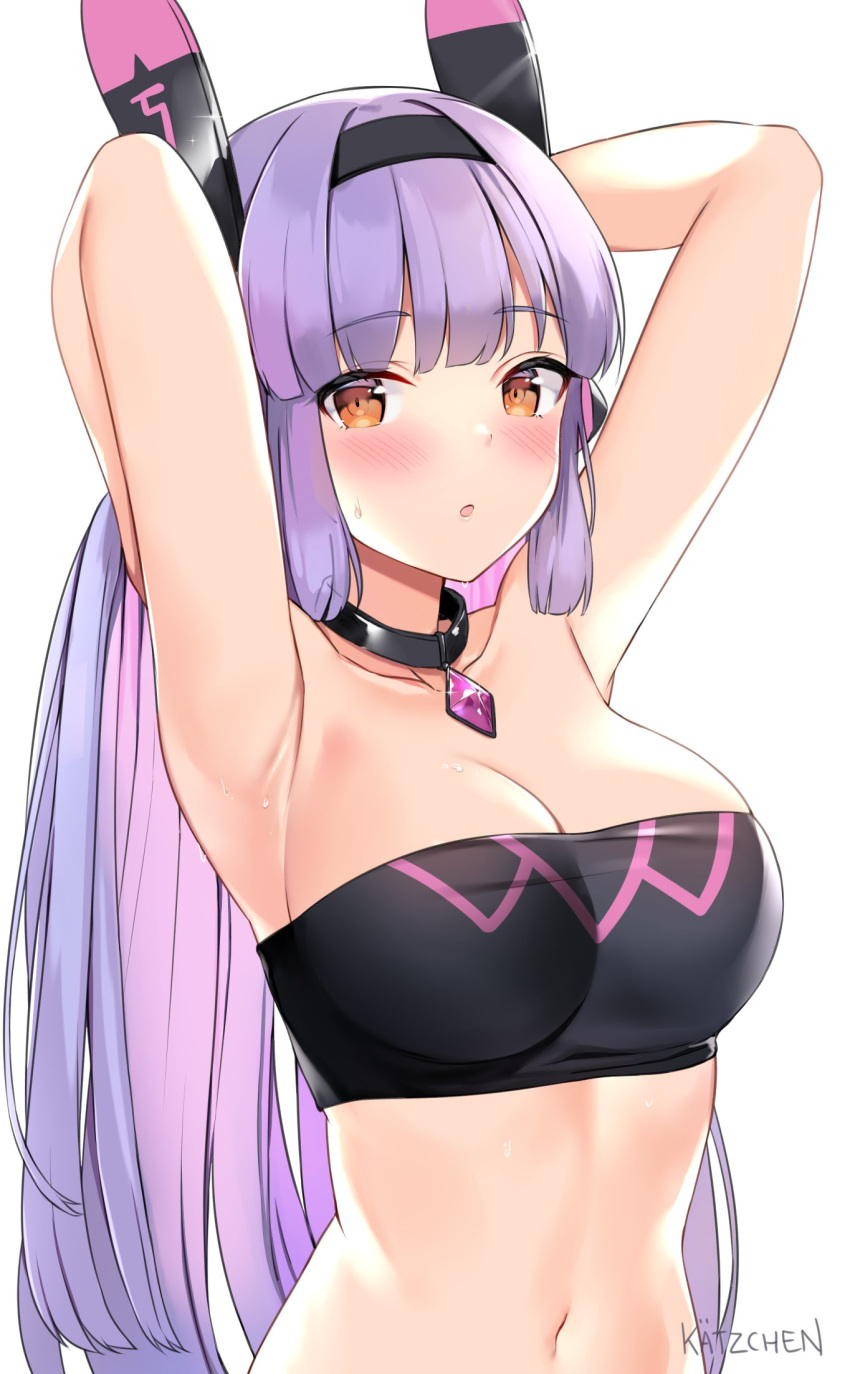1girl animal_ears armpits arms_behind_head arms_up artist_name bandeau bare_arms bare_shoulders black_choker blush breasts choker cleavage collarbone crop_top dominiel_nixed epic7 fake_animal_ears hairband highres kaetzchen large_breasts long_hair looking_at_viewer midriff navel orange_eyes parted_lips purple_hair simple_background sleeveless solo stomach sweat sweatdrop taut_clothes upper_body white_background