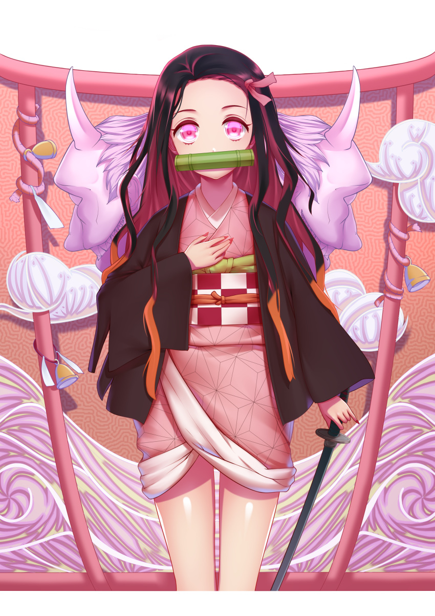 1girl absurdres asa_no_ha_(pattern) bamboo bit_gag black_hair black_haori brown_hair checkered_obi dsbz fingernails forehead gag hair_ribbon highres japanese_clothes kamado_nezuko katana kimetsu_no_yaiba kimono long_hair looking_at_viewer mouth_hold multicolored_hair obi pink_eyes pink_ribbon red_nails ribbon sash sharp_fingernails short_kimono solo sword two-tone_hair weapon