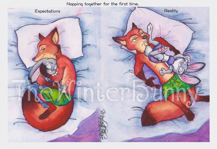 2016 anthro bird's-eye_view border boxers_(clothing) canid canine clothed clothing comic cuddling disney distracting_watermark duo english_text eyes_closed female fox fur green_eyes grey_body grey_fur hi_res high-angle_view humor judy_hopps lagomorph leporid lying male mammal midriff nick_wilde on_back on_side orange_body orange_fur pillow rabbit red_fox sleeping smile text thewinterbunny topless underwear underwear_only watermark white_border zootopia