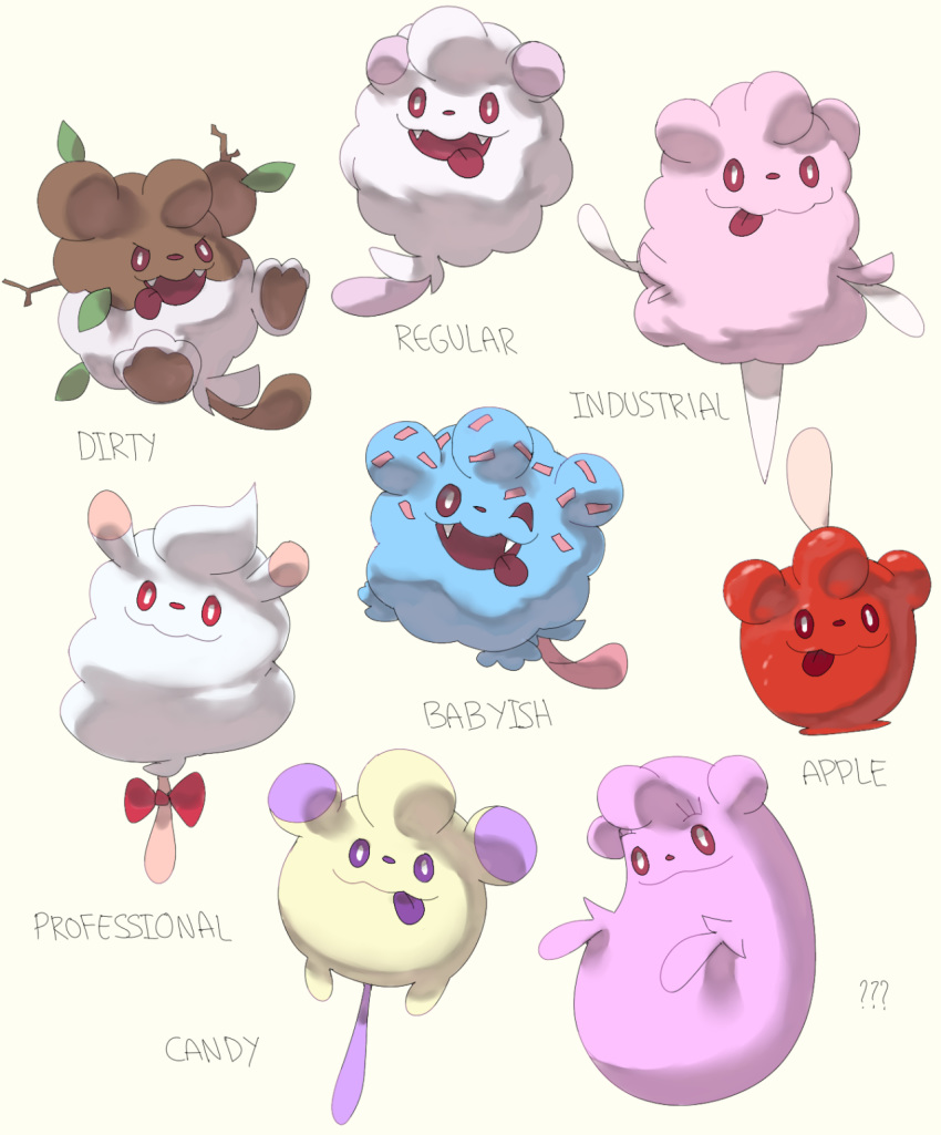 :3 :d ?? brown_eyes closed_mouth commentary creature english_commentary english_text fangs full_body gen_6_pokemon highres looking_at_viewer no_humans open_mouth pinkgermy pokemon pokemon_(creature) purple_eyes red_eyes ribbon simple_background smile swirlix tongue tongue_out white_background