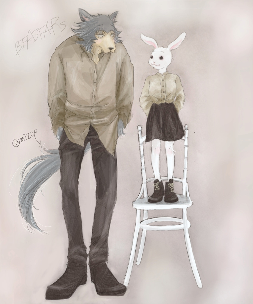 2020 anthro beastars bottomwear brown_background canid canine canis chair cheek_tuft clothed clothing duo facial_tuft female fully_clothed fur furniture grey_body grey_fur haru_(beastars) hi_res lagomorph legoshi_(beastars) leporid looking_at_another male mammal mizue rabbit scar simple_background skirt smile standing tuft white_body white_fur wolf