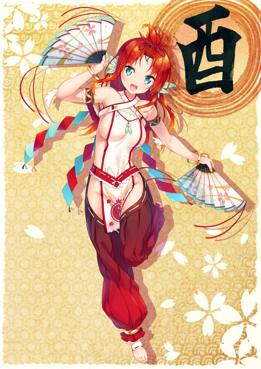 1girl arm_up armpits barefoot black_legwear blue_eyes bracelet breasts chinese_zodiac fan folding_fan full_body groin head_feathers highres ichi_makoto jewelry leg_up long_hair no_panties open_mouth original red_hair sideboob smile solo standing standing_on_one_leg tabard thighhighs toes white_tabard