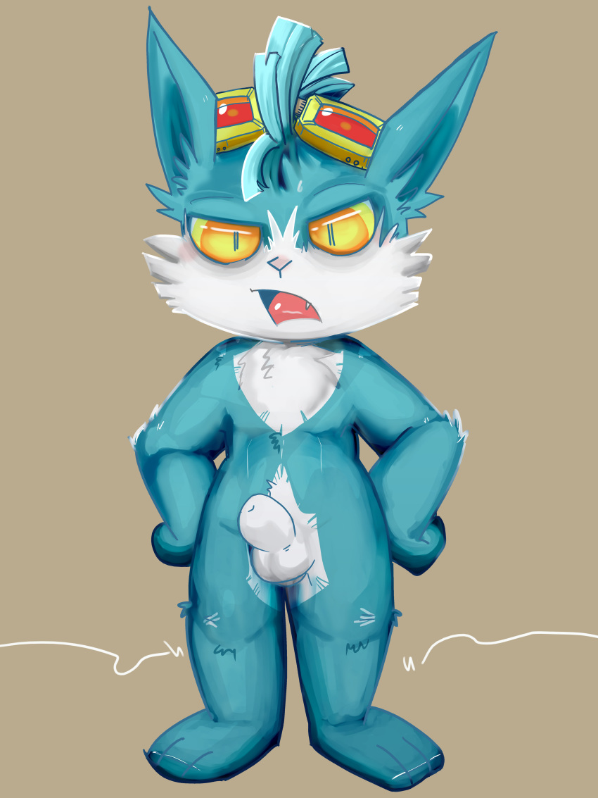 absurd_res annoyed anthro blue_body blue_fur eyewear fae fur genitals goggles goggles_on_head hi_res invalid_color league_of_legends male mammal mousecat nude penis riot_games rumble rumble_(lol) solo teeth video_games white_body white_fur yellow_eyes yordle