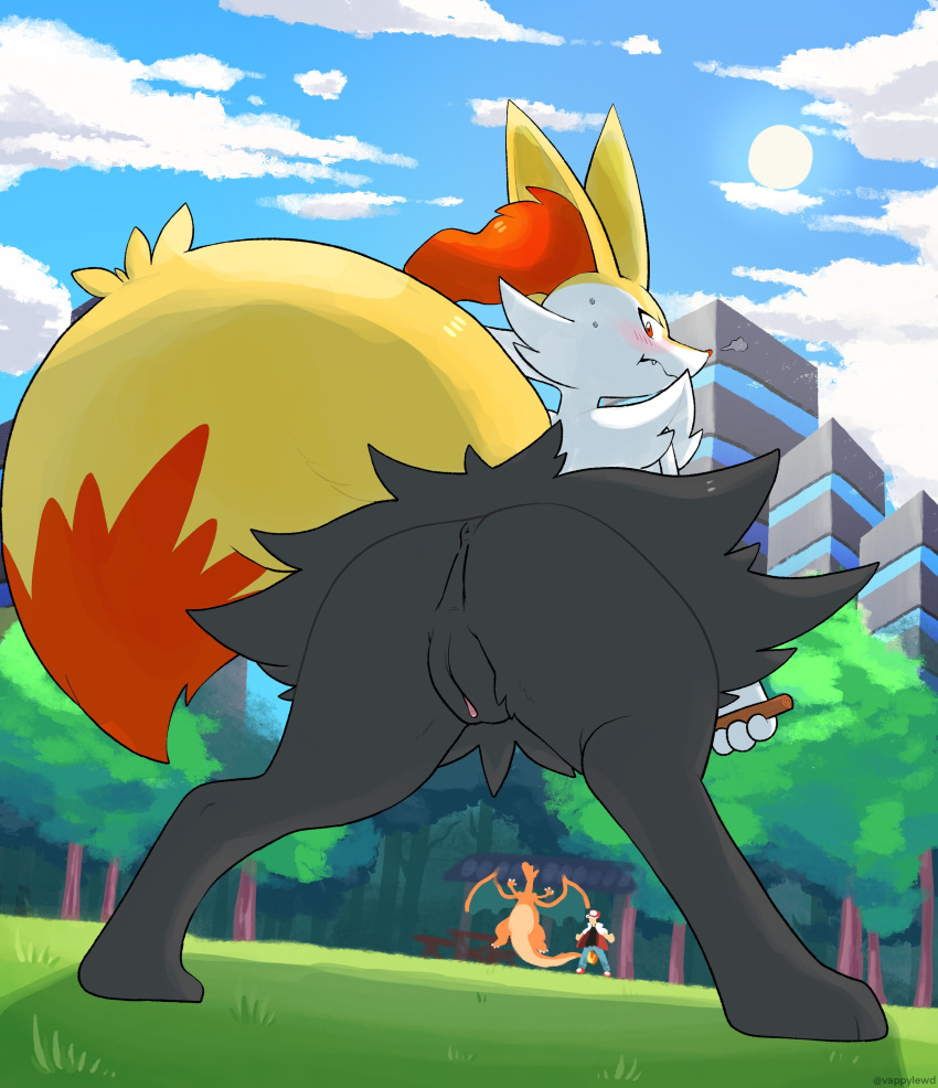 2020 absurd_res anthro anus black_body black_fur blush bodily_fluids braixen butt canid canine casual_nudity charizard cloud day dipstick_tail female fur genitals grass group hi_res inner_ear_fluff mammal multicolored_body multicolored_fur multicolored_tail nintendo nude orange_body orange_eyes orange_fur outside pok&eacute;mon pok&eacute;mon_(species) pussy sky slyvern solo_focus sun sweat tree tuft video_games white_body white_fur yellow_body yellow_fur