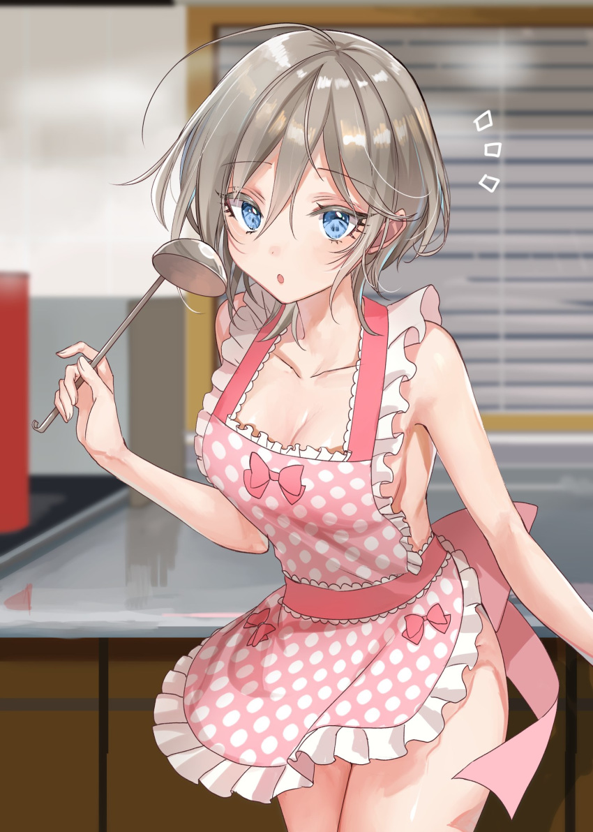 1girl :o anastasia_(idolmaster) antenna_hair apron bangs bare_arms blinds blue_eyes bow breasts cleavage collarbone counter eyebrows_visible_through_hair frill_trim grey_hair hair_between_eyes highres idolmaster idolmaster_cinderella_girls indoors kitchen ladle looking_at_viewer medium_breasts naked_apron open_mouth pibk_bow polka_dot polka_dot_apron rum_raisin_(chihiromakita19) short_hair sideboob solo wind wind_lift window