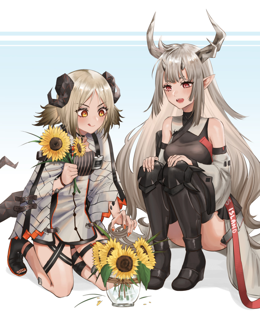 2girls :d :q arknights ass bangs bare_shoulders black_legwear blonde_hair blush breasts detached_sleeves flower grey_hair highres horns ifrit_(arknights) jacket kneehighs kurisustinah long_hair matoimaru_(arknights) multiple_girls open_mouth open_toe_shoes orange_eyes orange_nails parted_bangs plant pointy_ears potted_plant red_eyes sitting smile sunflower tail teeth thighhighs tongue tongue_out very_long_hair