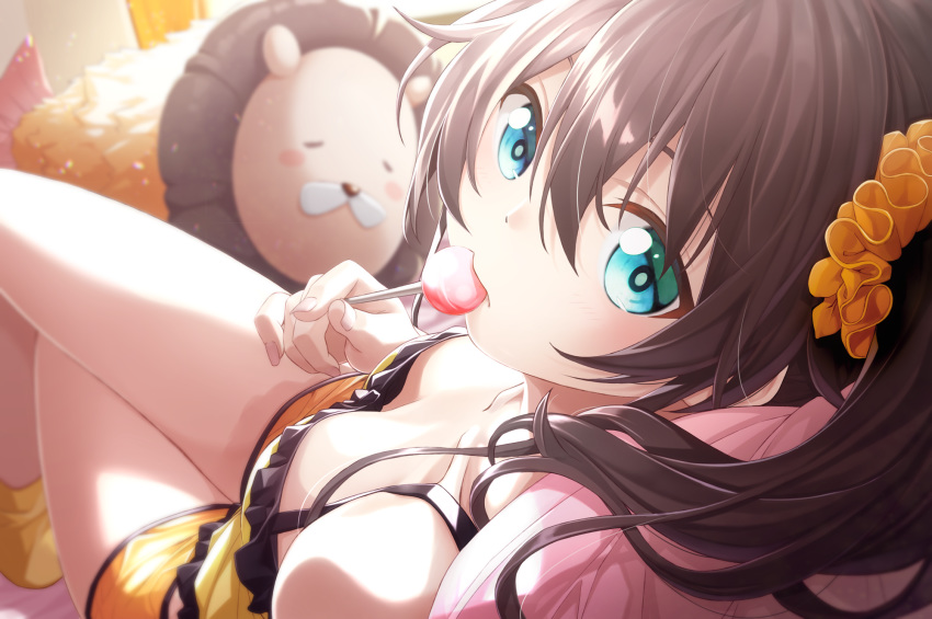 1girl aqua_eyes babydoll bare_legs blurry breasts brown_hair candy cleavage collarbone commentary crossed_legs curtains day depth_of_field ebi_frion_(natsuiro_matsuri) expressionless fenrir_(fenlil0316) food from_above from_behind hair_between_eyes highres holding_lollipop hololive indoors lollipop looking_at_viewer looking_back lying medium_breasts medium_hair natsuiro_matsuri on_back orange_shorts pillow scrunchie short_shorts shorts side_ponytail sleepwear solo stuffed_animal stuffed_lion stuffed_toy sunlight thighs virtual_youtuber yellow_camisole