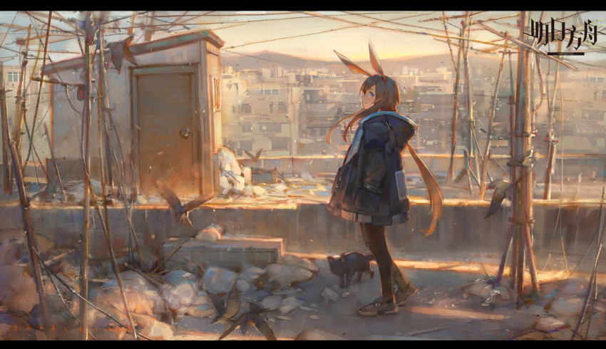 1girl amiya_(arknights) animal_ears arknights bird black_jacket blue_eyes brown_hair building bunny_ears cat commentary_request crow door jacket krenz long_hair outdoors power_lines shoes sneakers solo tagme trash