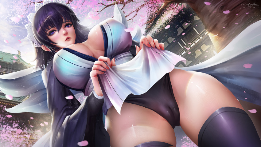 1girl 2020 black_hair black_legwear black_panties black_sleeves breasts cameltoe cherry_blossoms commentary detached_sleeves dutch_angle iroha_(samurai_spirits) kaze_no_gyouja large_breasts lips looking_at_viewer looking_down panties purple_eyes samurai_spirits short_hair signature skindentation solo thick_thighs thighhighs thighs tree underwear