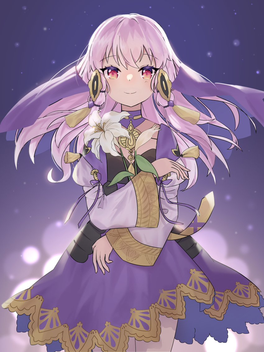 1girl absurdres closed_mouth coletta_(colet_colettia) dress fire_emblem fire_emblem:_three_houses flower hair_ornament highres holding holding_flower long_hair long_sleeves lysithea_von_ordelia pink_eyes smile solo white_hair white_legwear