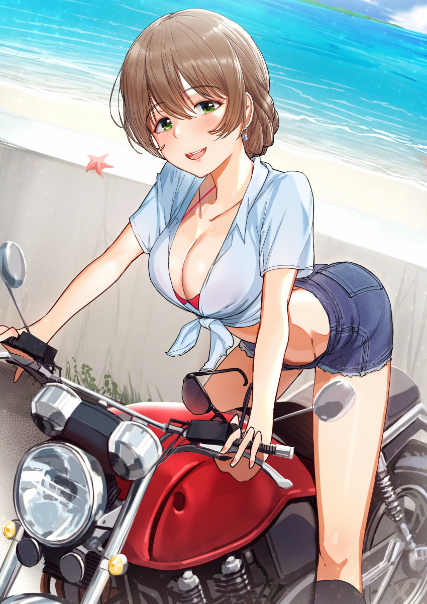 1girl absurdres beach bike_shorts bikini bikini_under_clothes brown_hair denim denim_shorts earrings green_eyes ground_vehicle handlebar headlight highres idolmaster idolmaster_million_live! jewelry looking_at_viewer motor_vehicle motorcycle ocean riding sakuramori_kaori short_hair shorts sky smile starfish sunglasses suzuki_puramo swimsuit