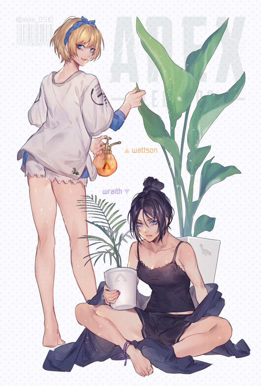 2girls akka_0510 anklet apex_legends artist_name black_hair blonde_hair blue_eyes commentary commentary_request hairband highres jacket jewelry looking_at_viewer multiple_girls plant potted_plant purple_eyes shorts smile tank_top twitter_username wattson_(apex_legends) wraith_(apex_legends)