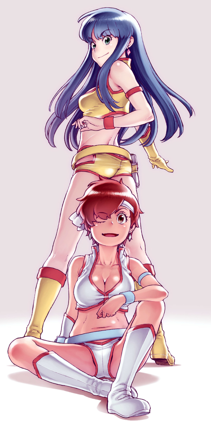 2girls ass belly blue_eyes blue_hair boots breasts cleavage dirty_pair earrings eyebrows_visible_through_hair headband highres hijiri_rei jewelry kei_(dirty_pair) long_hair looking_back matching_outfit multiple_girls oldschool one_eye_closed open_mouth red_eyes red_hair short_hair sidelocks sitting white_headband white_legwear yellow_legwear yuri_(dirty_pair)