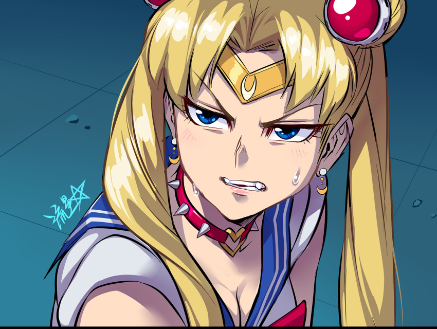 1girl bishoujo_senshi_sailor_moon blonde_hair blue_eyes blue_sailor_collar breasts choker circlet cleavage close-up collar crescent crescent_earrings derivative_work earrings english_commentary eyebrows_visible_through_hair grimace hair_ornament heart heart_choker jewelry long_hair looking_to_the_side red_choker ryuusei_(mark_ii) sailor_collar sailor_moon sailor_moon_redraw_challenge sailor_senshi sailor_senshi_uniform screencap_redraw signature sleeveless solo spiked_collar spikes sweatdrop tsukino_usagi twintails