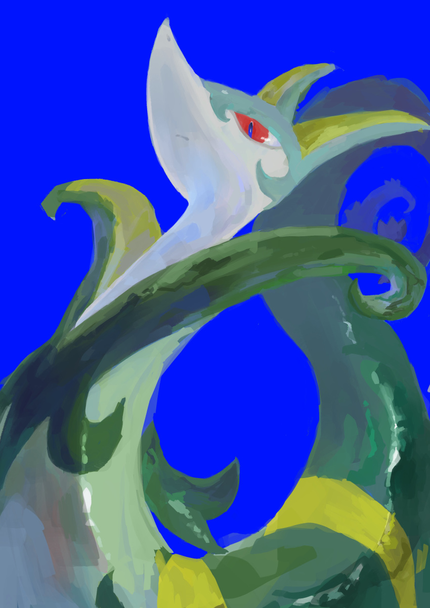 absurdres aomidori_iro blue_background closed_mouth commentary creature english_commentary gen_5_pokemon highres no_humans pokemon pokemon_(creature) red_eyes serperior simple_background solo starter_pokemon upper_body