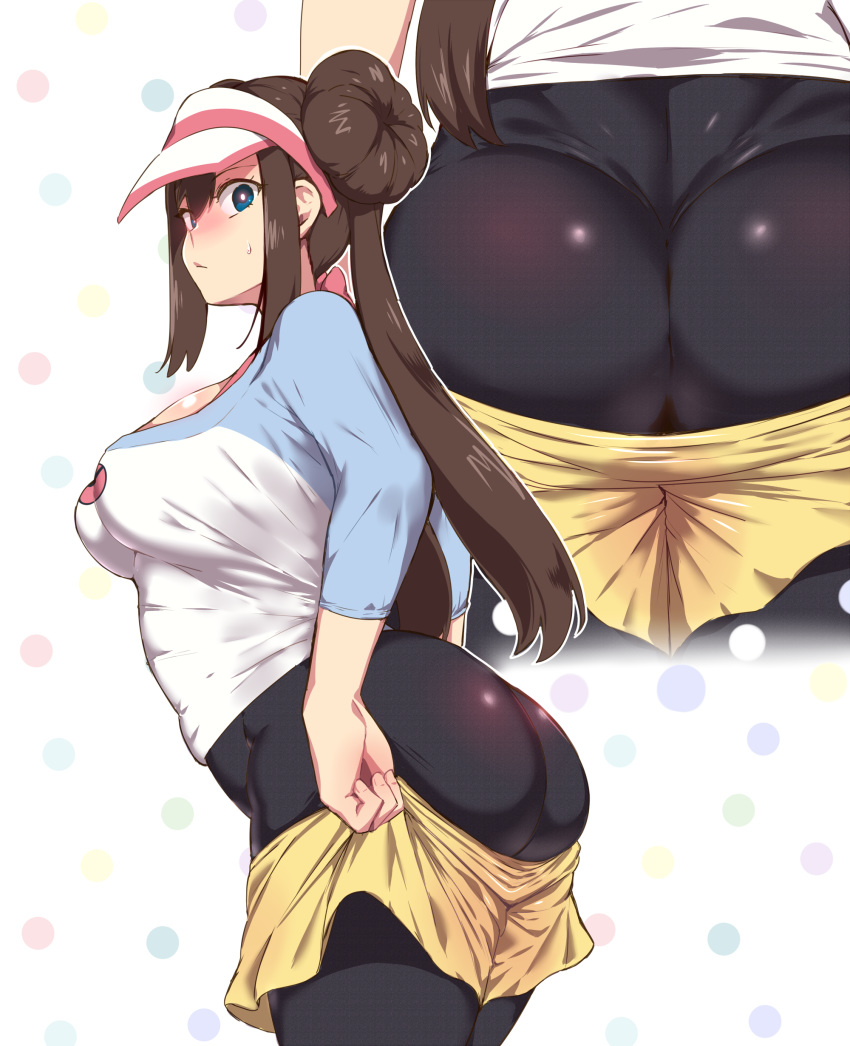 1girl absurdres ass black_legwear blue_eyes bow breasts brown_hair cameltoe double_bun from_behind highres legwear_under_shorts long_hair looking_back medium_breasts mei_(pokemon) pantyhose pink_bow pokemon pokemon_(game) pokemon_bw2 shiny shiny_clothes shiny_hair shiny_skin short_shorts shorts standing twintails very_long_hair visor_cap yellow_shorts yugion